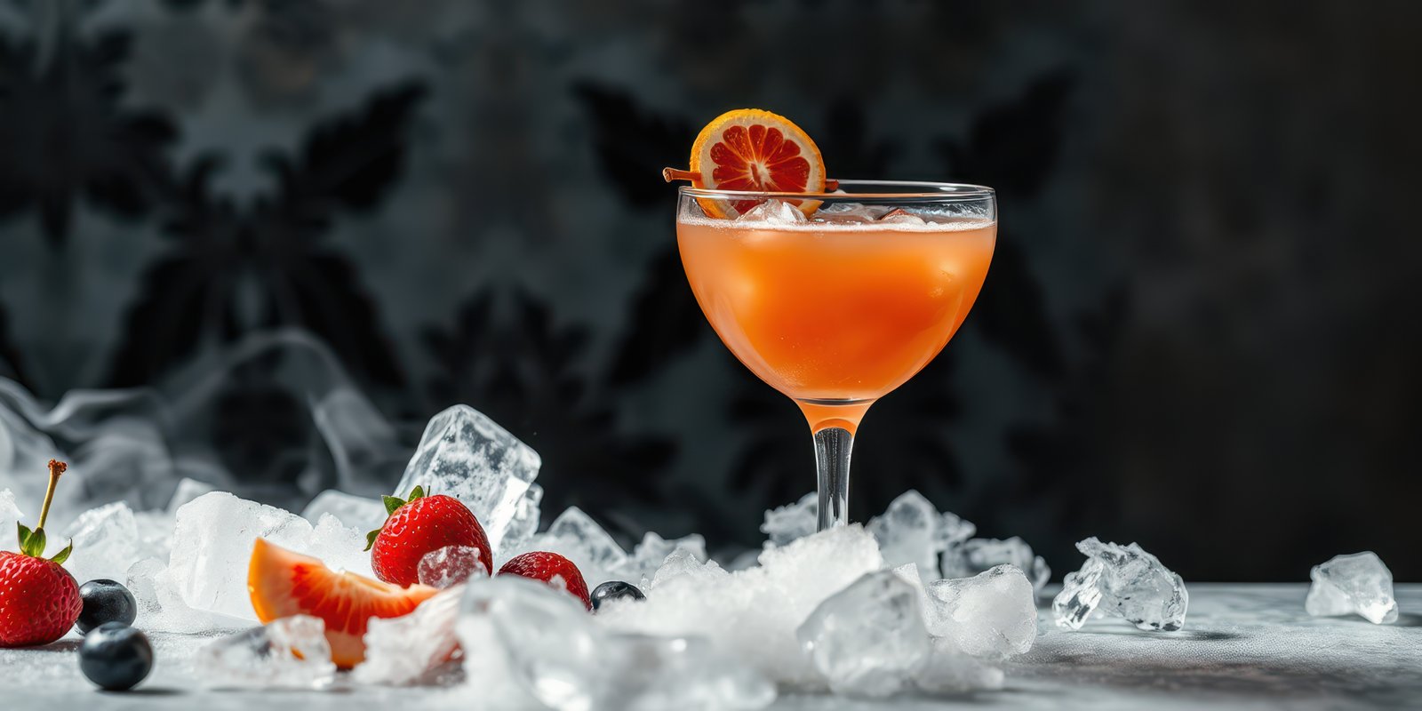 Colorful cocktail garnished with fruit served on a bed of ice in a stylish bar setting during evening hours